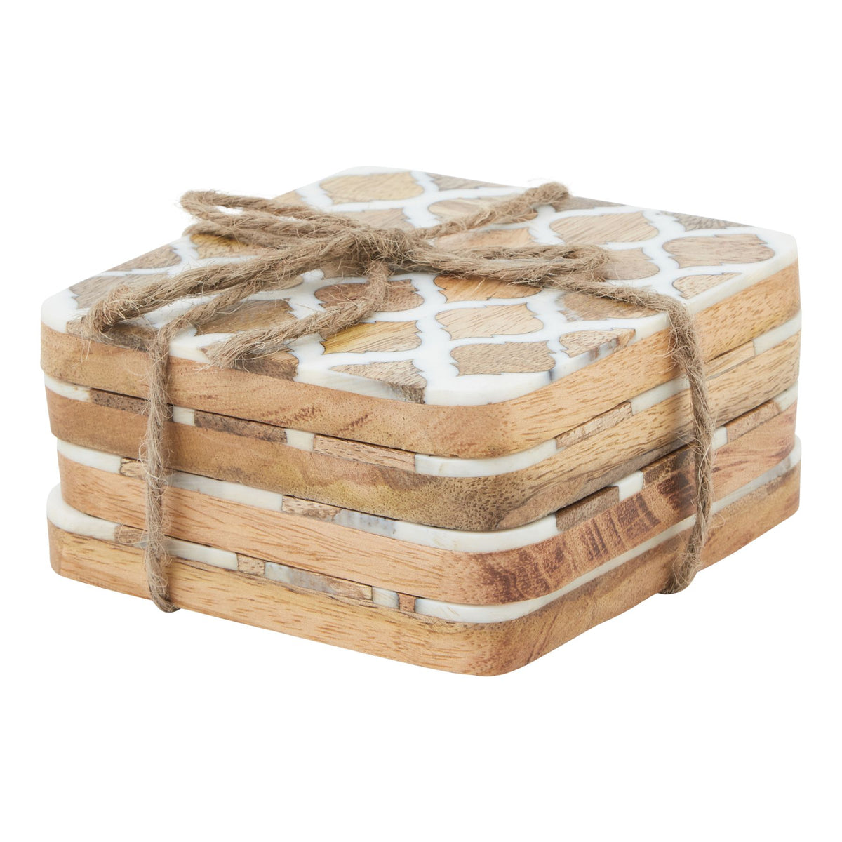 Angled view of stacked rounded-square coasters tied with twine, showing tan grained sides and a white geometric pattern on the top face.