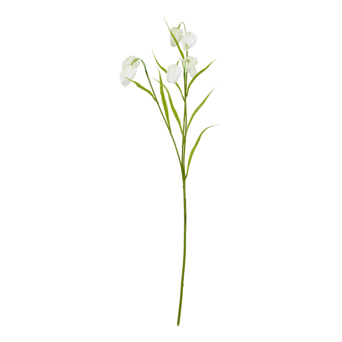 Full view of a green artificial flower stem with branching white hanging bells and slender pointed leaves against a white background.