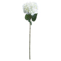 Full view of a white artificial hydrangea stem with a rounded flower head, dark green leaves and a long olive-green stalk against a white background.