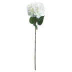Full view of a white artificial hydrangea stem with a rounded flower head, dark green leaves and a long olive-green stalk against a white background.