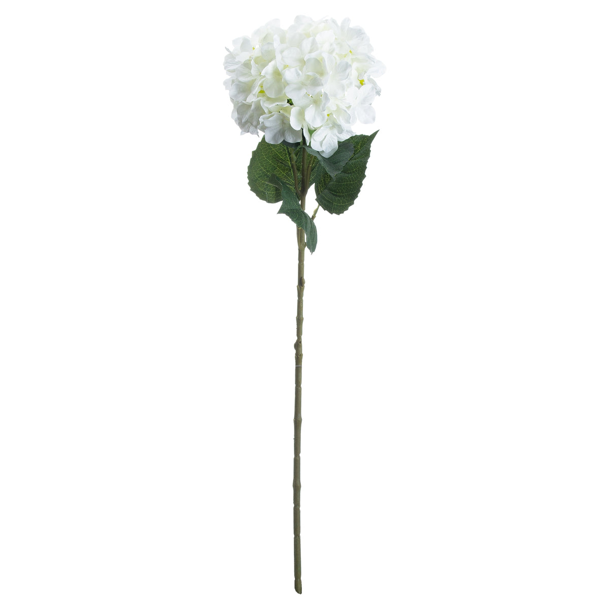 Full view of a white artificial hydrangea stem with a rounded flower head, dark green leaves and a long olive-green stalk against a white background.