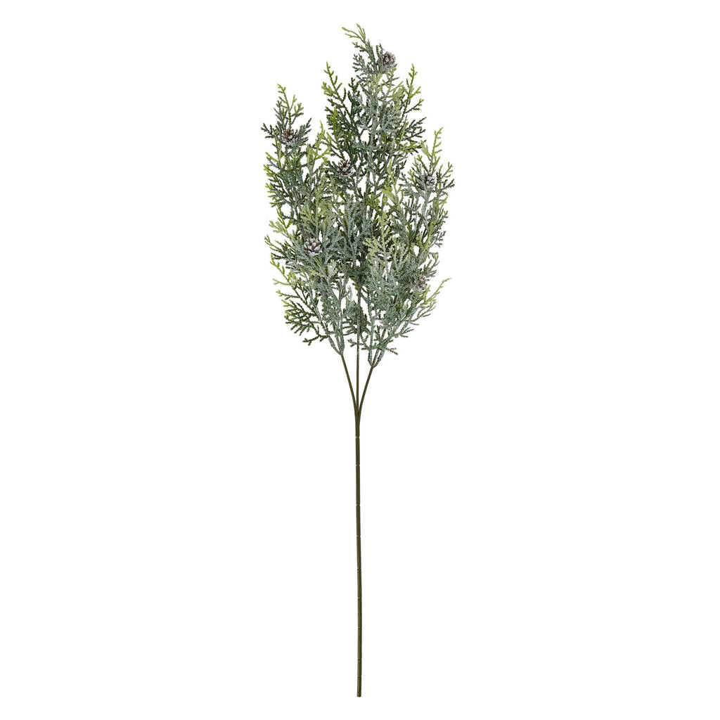 Full artificial conifer stem on a white background, showing a long dark-green stalk beneath branching frosted green sprays and small brown pinecones.
