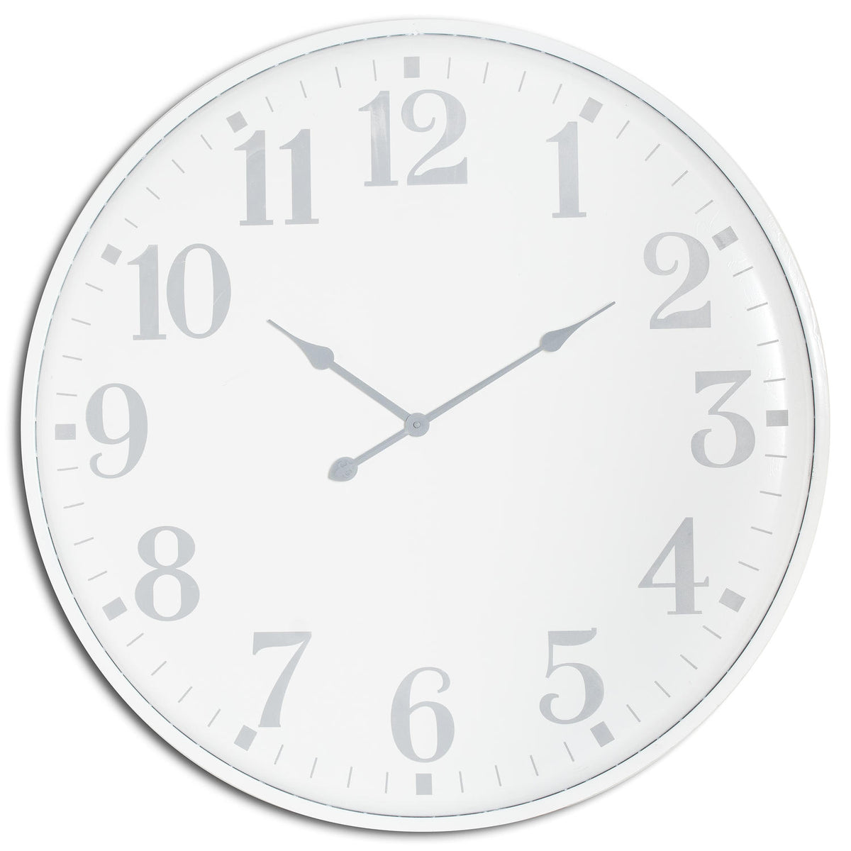 Front view of a round white wall clock with oversized light-grey Arabic numerals, fine minute ticks and three grey hands.
