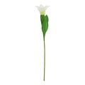 Full view of a white artificial flower on a slender green stem, with pointed petals and two broad green leaves against a white background.