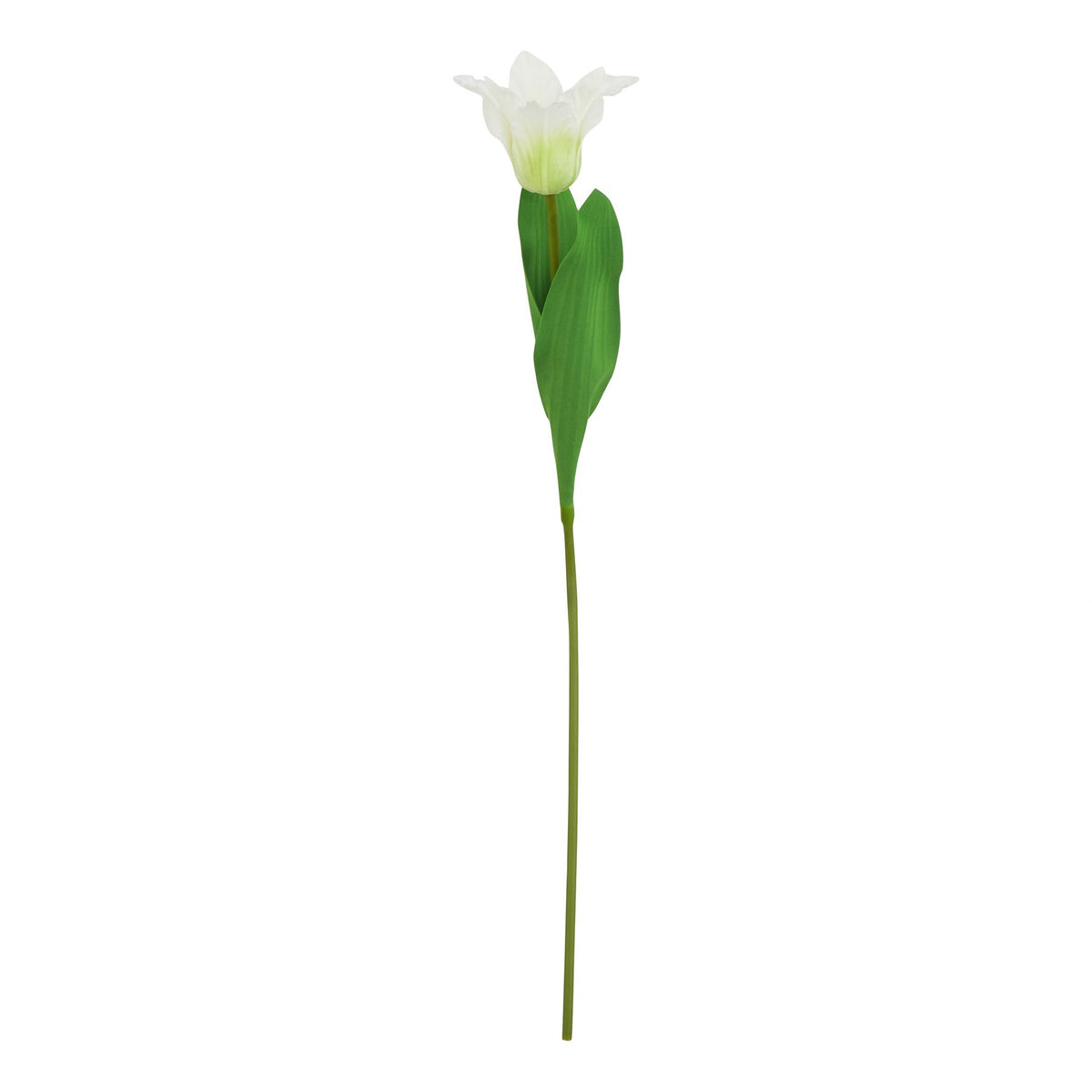 Full view of a white artificial flower on a slender green stem, with pointed petals and two broad green leaves against a white background.