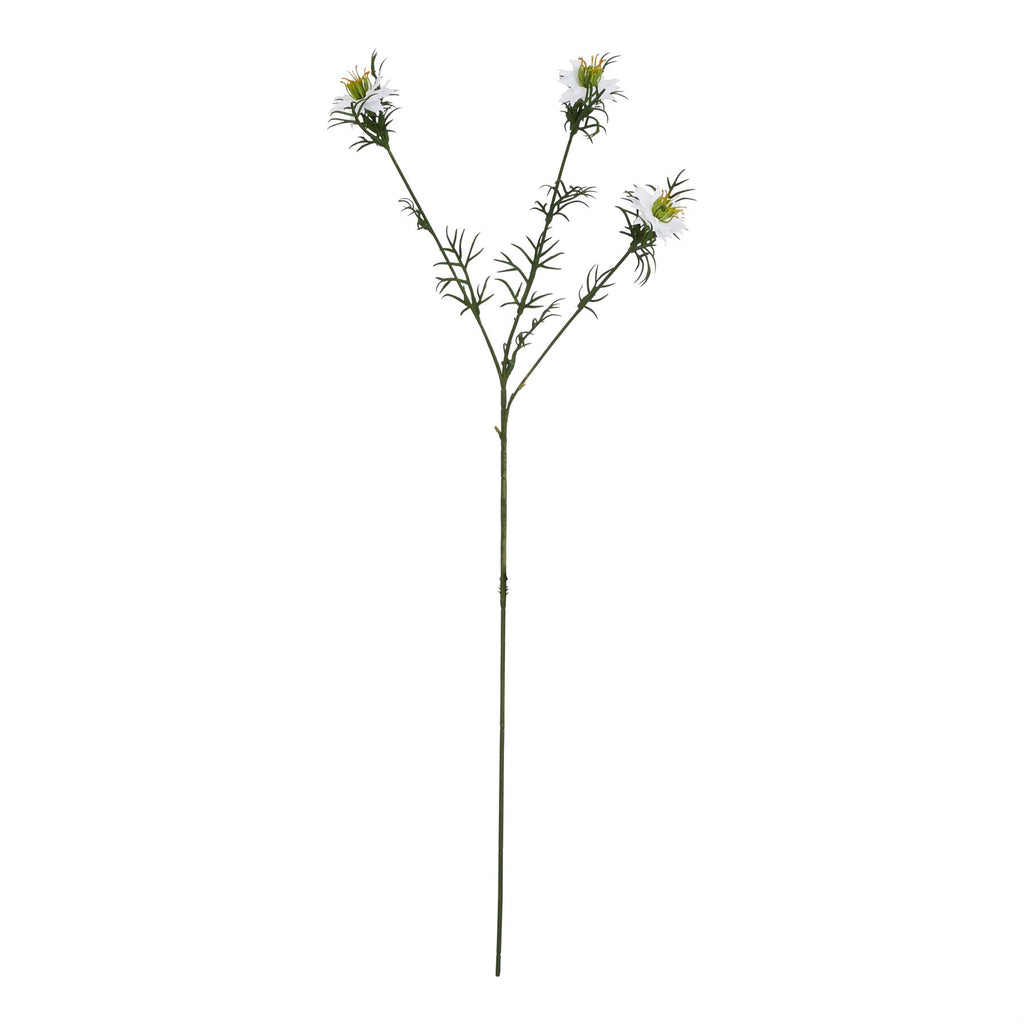 Full view of a slender dark green artificial stem branching into three white pointed flowers with fine green foliage against a white background.