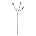 Full view of a slender dark green artificial stem branching into three white pointed flowers with fine green foliage against a white background.