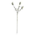 Full view of a slender dark green artificial stem branching into three white pointed flowers with fine green foliage against a white background.