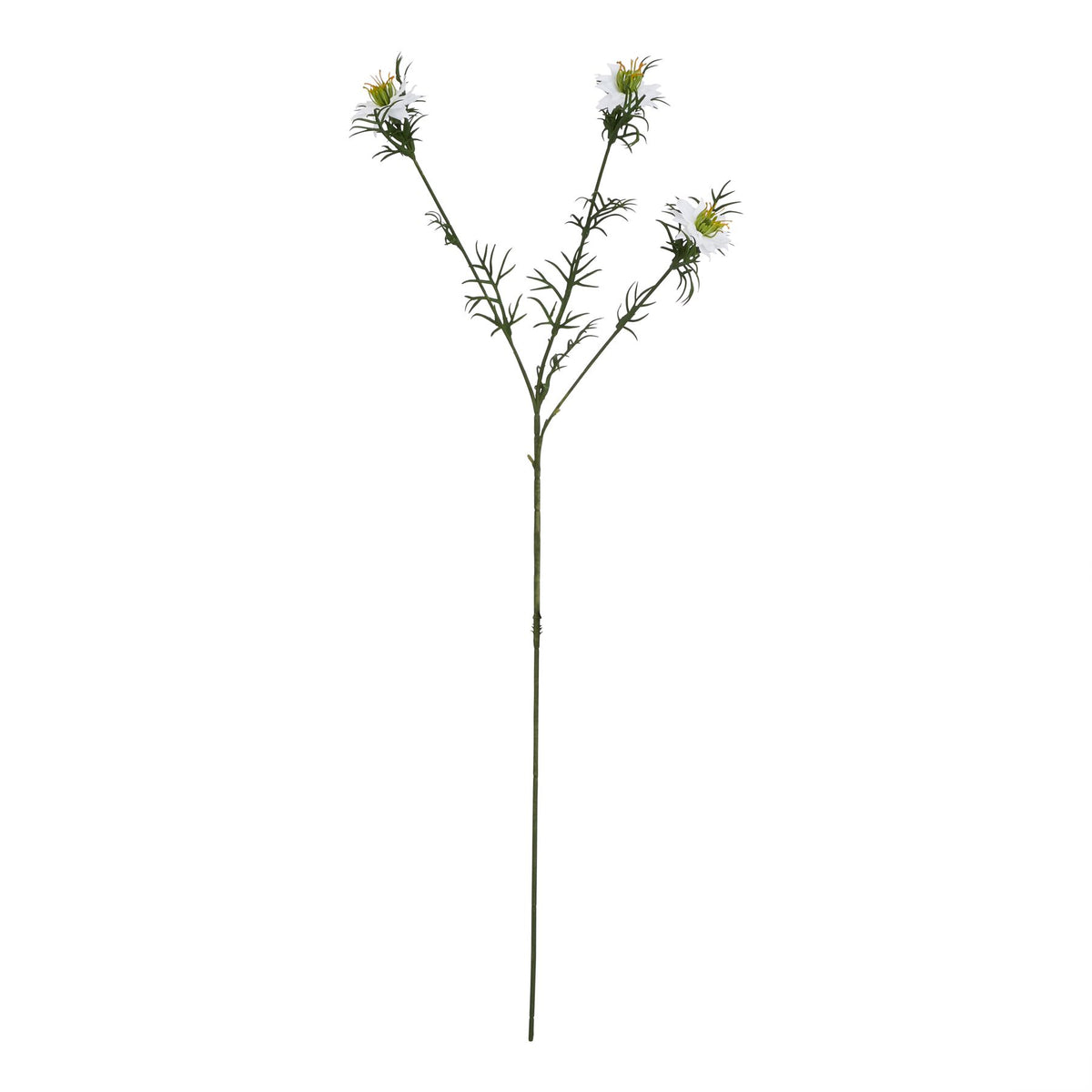 Full view of a slender dark green artificial stem branching into three white pointed flowers with fine green foliage against a white background.