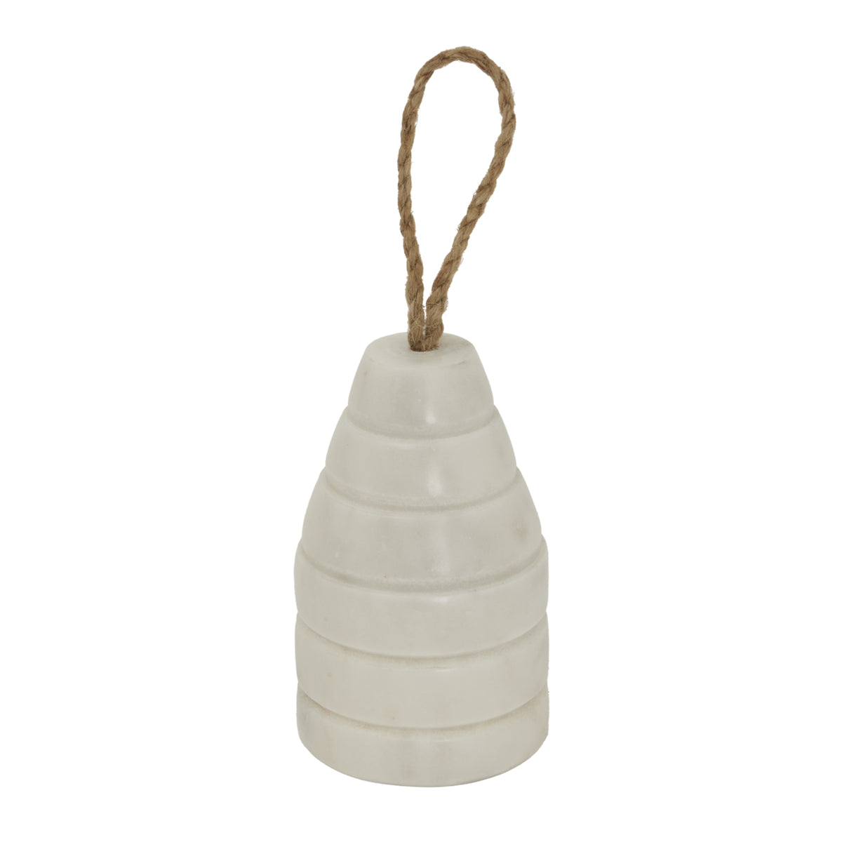White tapered doorstop with broad horizontal rib bands and a tall tan twisted rope loop against a white background.