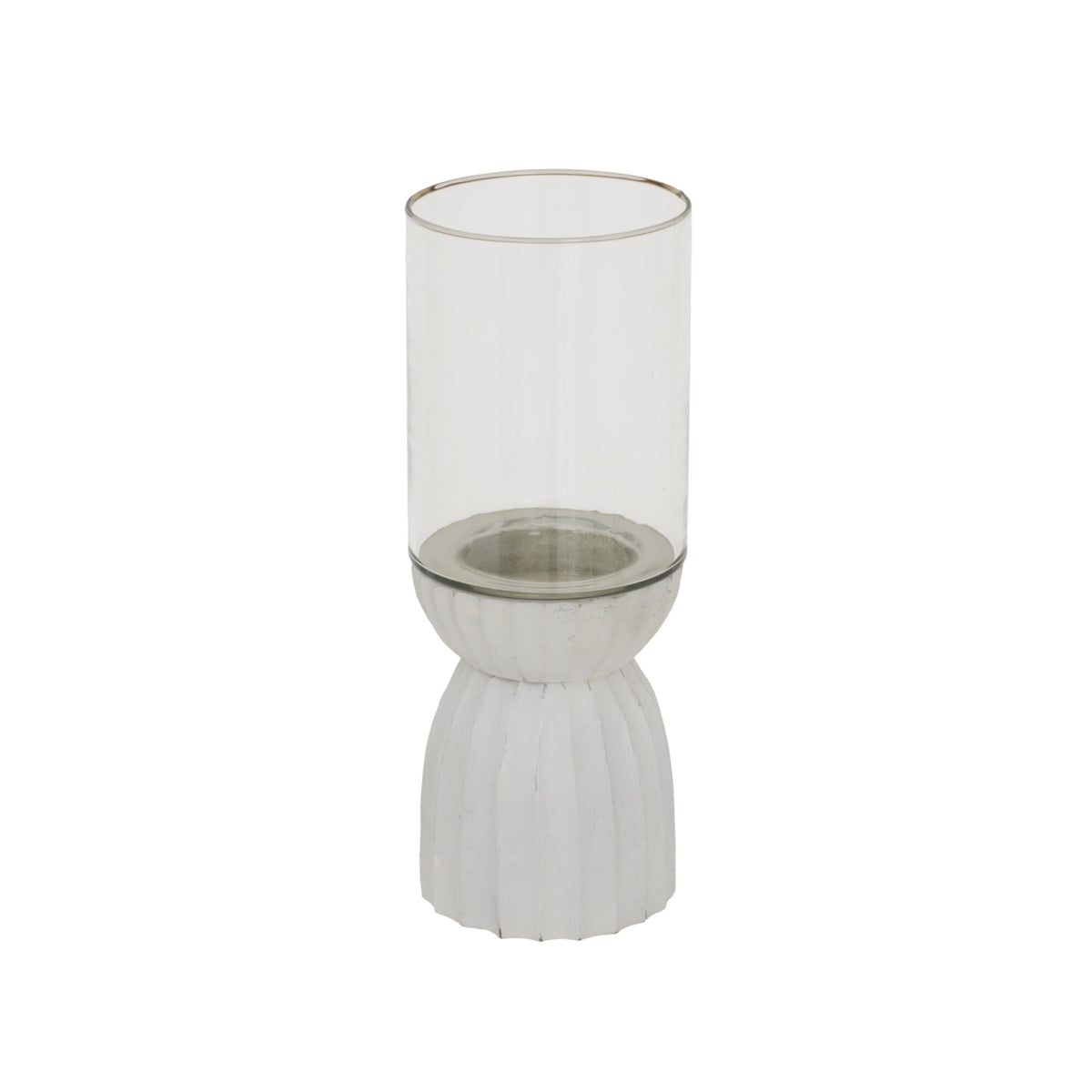 White candle lantern with a clear cylindrical shade above a rounded ribbed base, showing the recessed circular well through the shade.