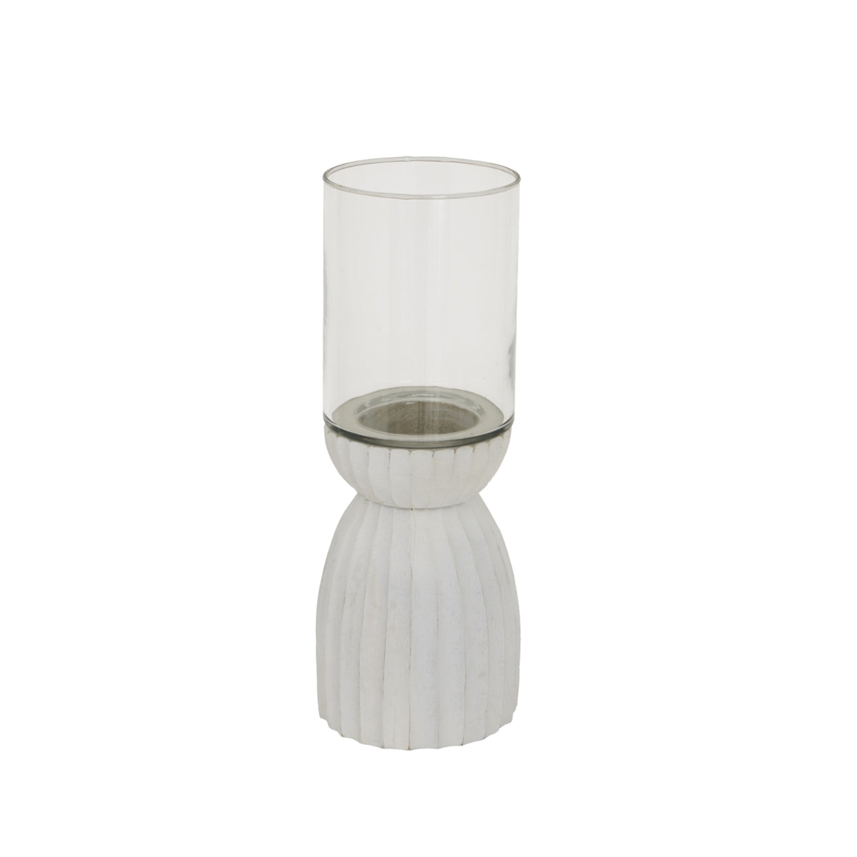 White candle lantern shown in full, with a tall clear cylindrical sleeve above a rounded ribbed base and recessed circular candle well.