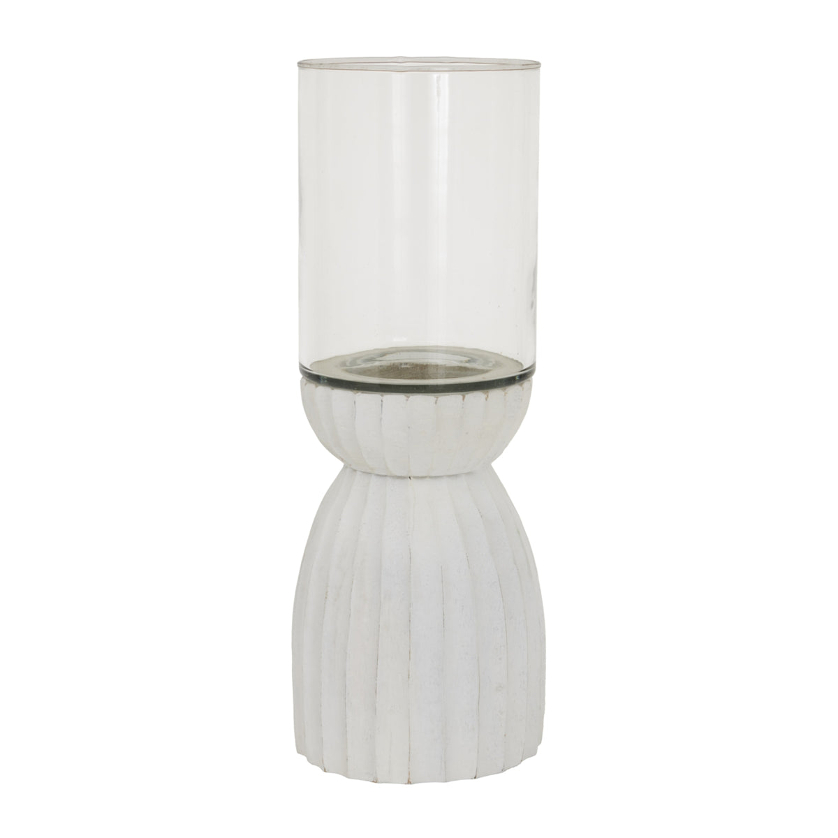 Closer view of the lantern's clear sleeve and white curved base, showing vertical grooves, subtle darker surface marks and the narrow waist beneath the candle well.