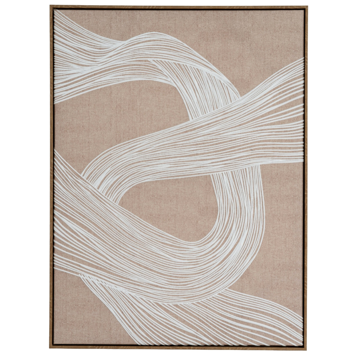 Front view of White Ribbonloops Framed Artwork, with interlacing white lines on a tan-brown field inside a slim brown frame.