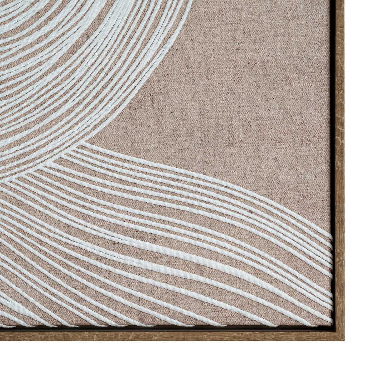 Close-up of raised white ribbon lines crossing the woven-looking tan surface beside the lower right corner of the brown frame.