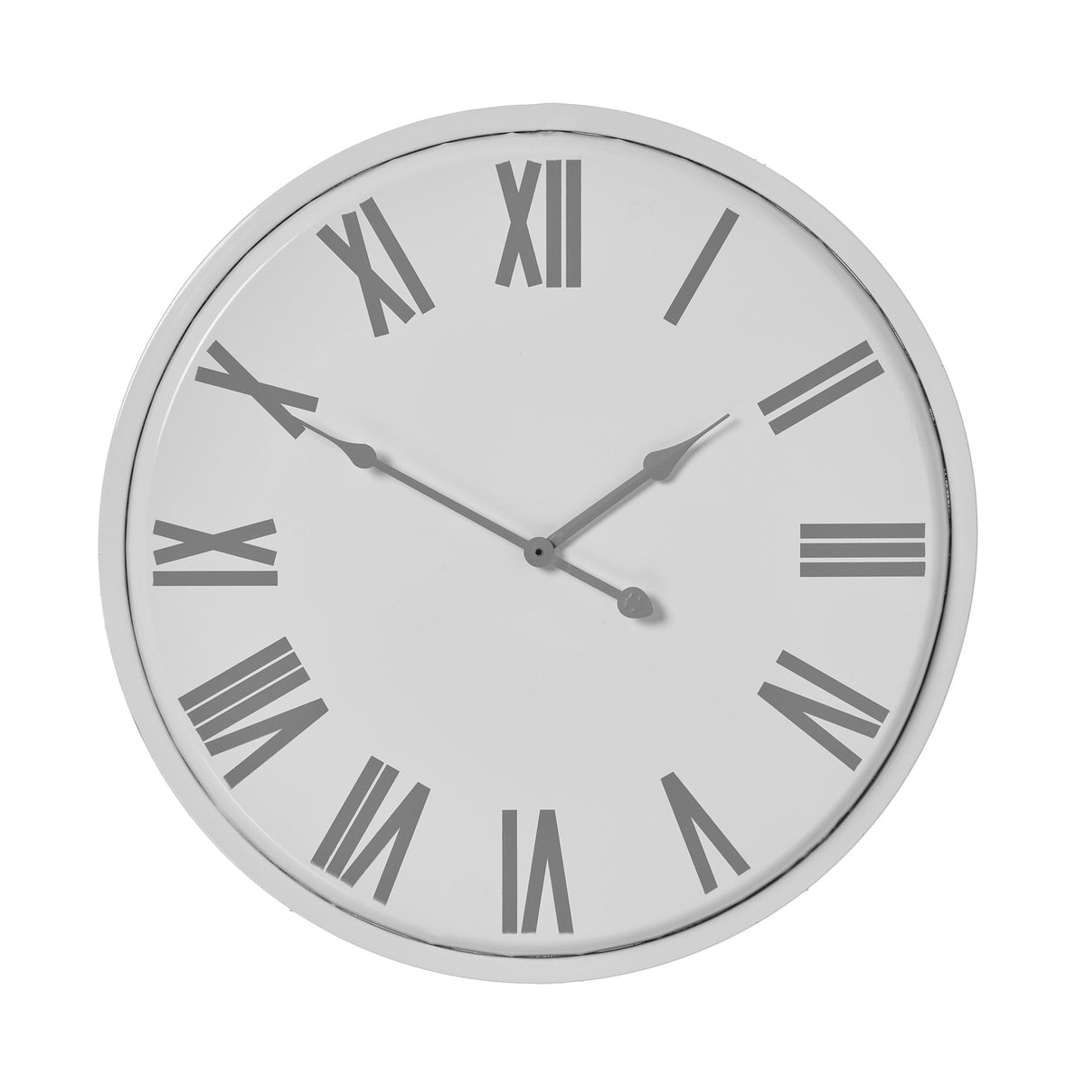 Front view of a round white wall clock with oversized grey Roman numerals, three grey hands and a slim white rim.