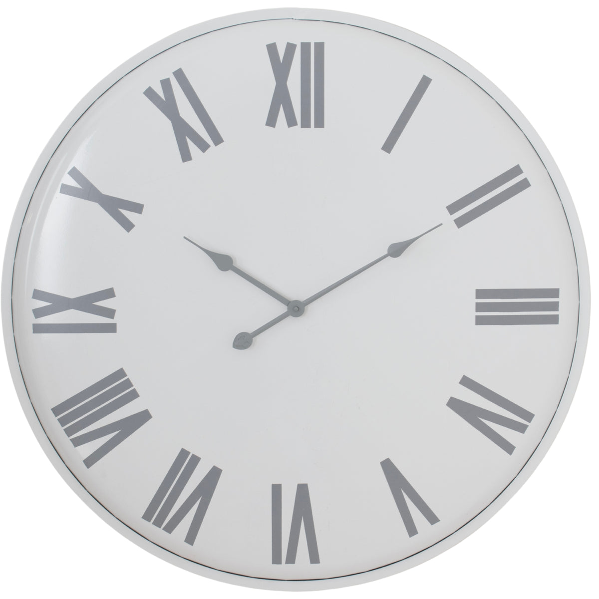 Front view of a round white wall clock with a slim rim, oversized grey Roman numerals and three grey hands.