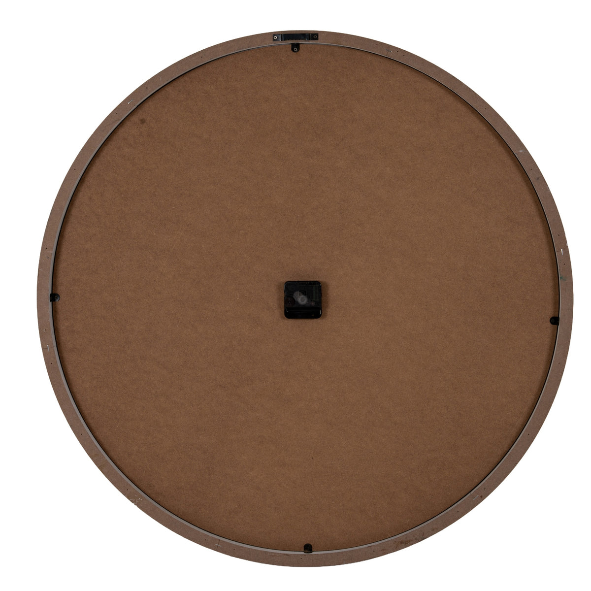 Rear view of the round clock showing a brown circular panel, a black square casing at the centre, small black tabs around the edge and a black rectangular fitting at the top.
