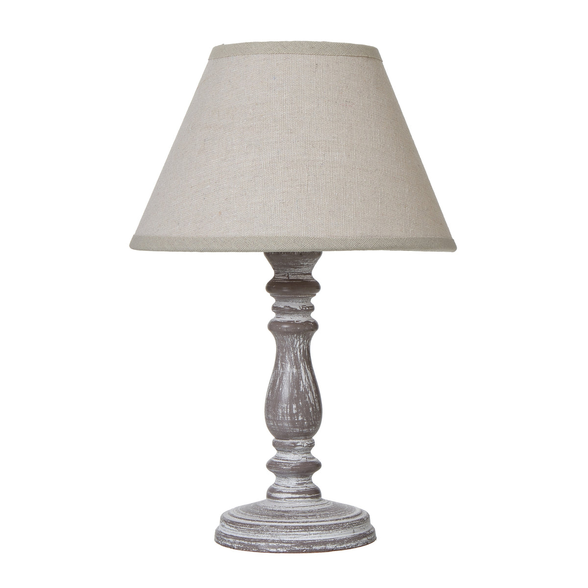White rubbed column table lamp with a pale tapered shade, curved grey-brown base and broad round foot on a white background.