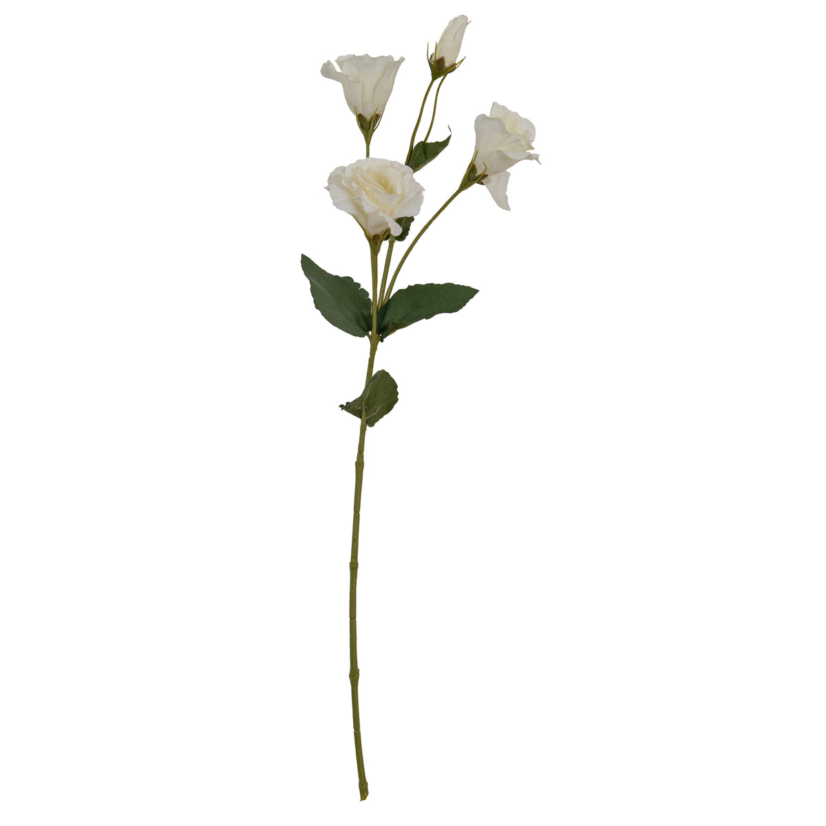 Full view of the White Threecup artificial flower spray, with three open white blooms, one closed bud and green leaves on a long stem.