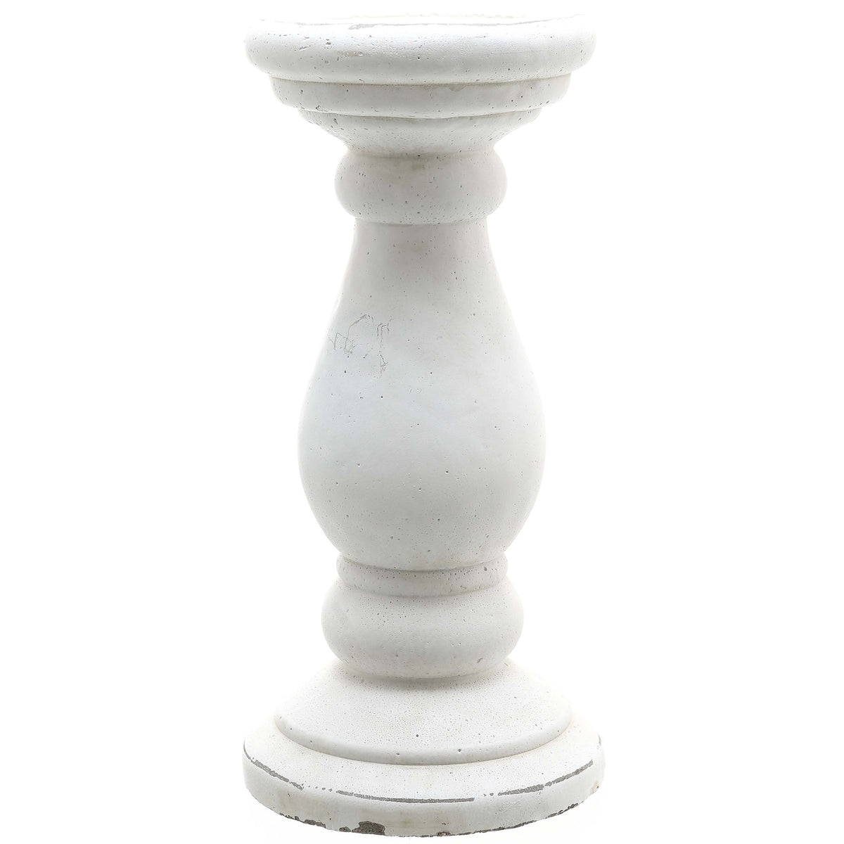 White baluster candle holder on a white background, with a broad circular platform, rounded centre and stepped foot.