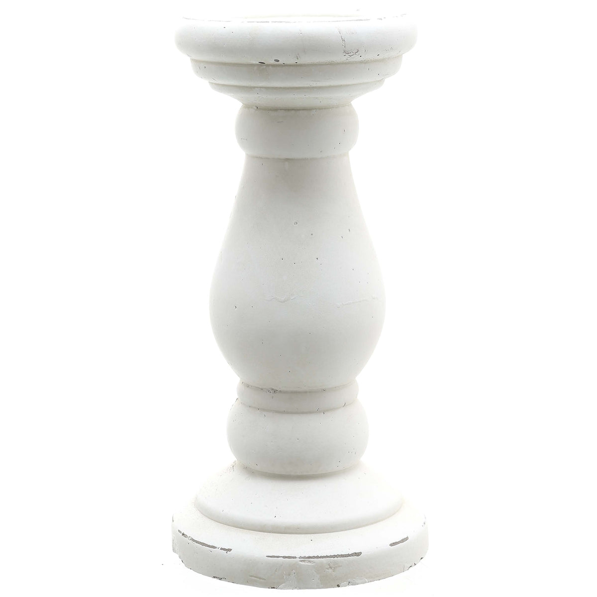 White baluster candle holder with a broad stepped top tray, rounded central body and circular foot against a white background.