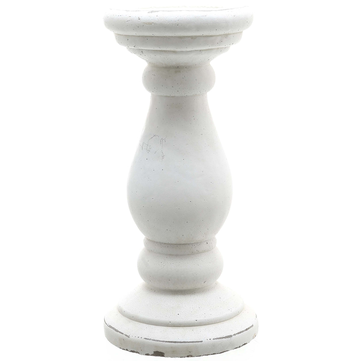 White baluster candle holder with a broad stepped top tray, elongated curved body and wide circular foot against a white background.