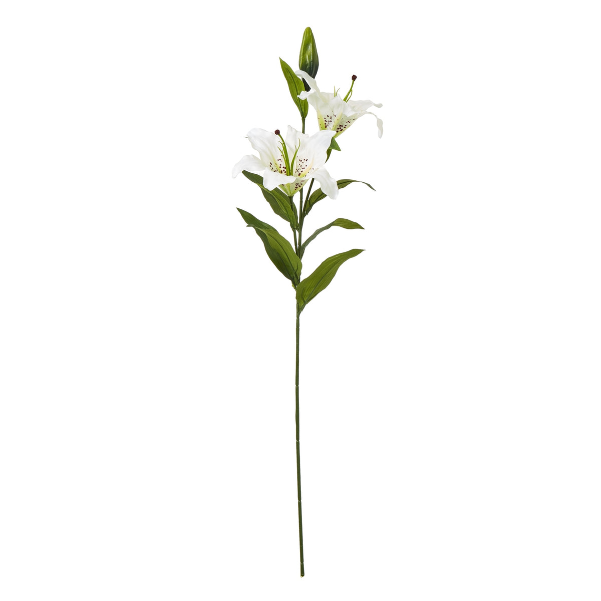 Full view of a white artificial lily spray with two open flowers, a green bud and long leaves on a slender stem against white.
