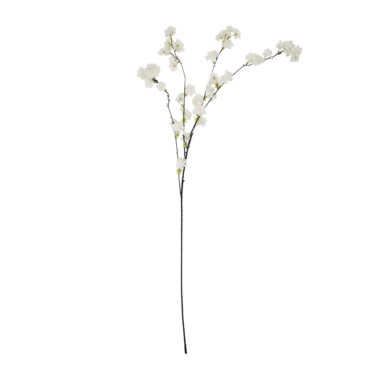 Full view of a white artificial flower stem with a long dark stalk and spreading branches carrying clusters of white blossoms.