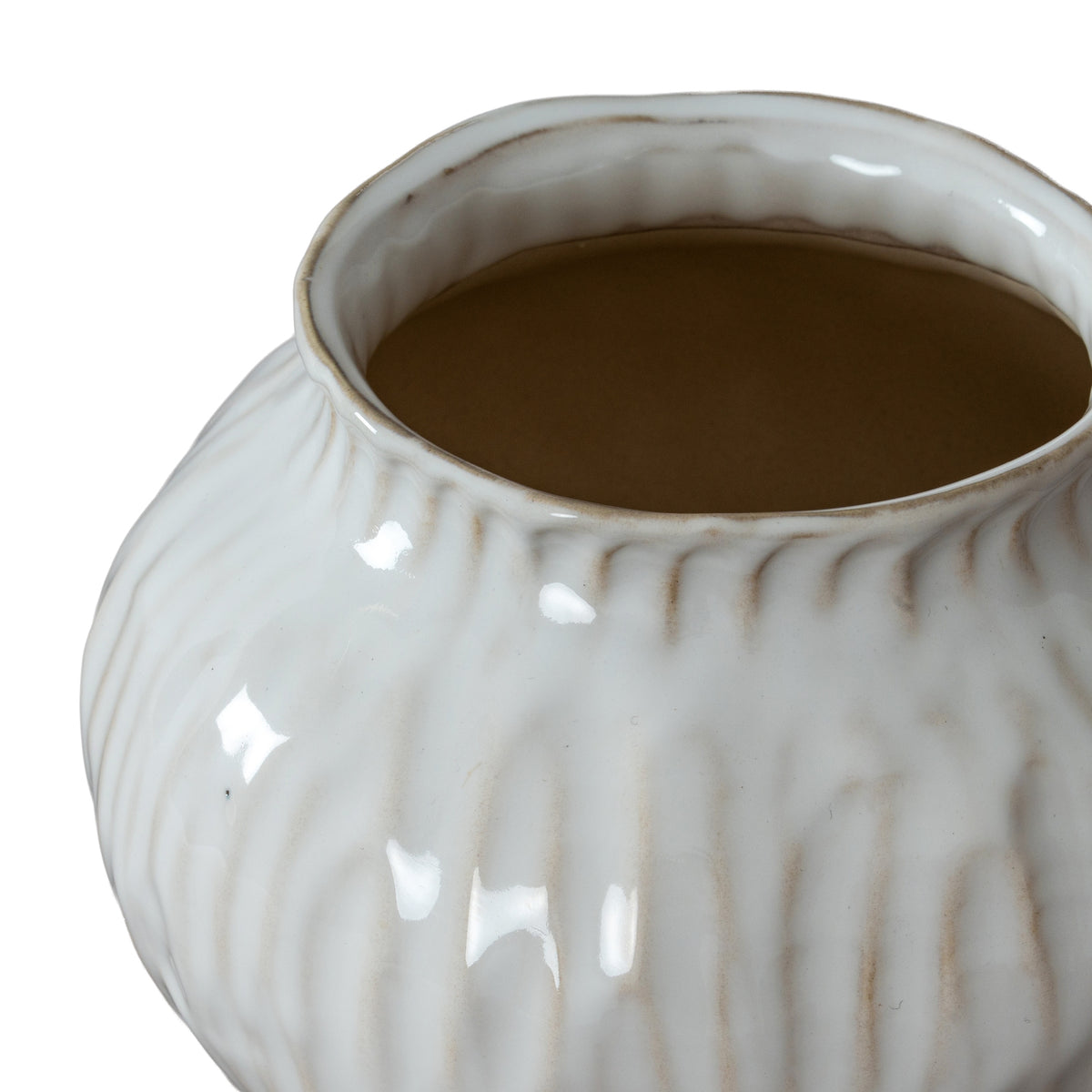 View looking into the vase's broad opening, showing its softly uneven white rim and warm beige shading around the neck.