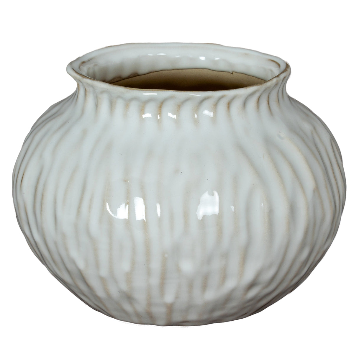 Low rounded white vase with a short pinched neck, open rim and glossy wavy vertical ribs against a white background.