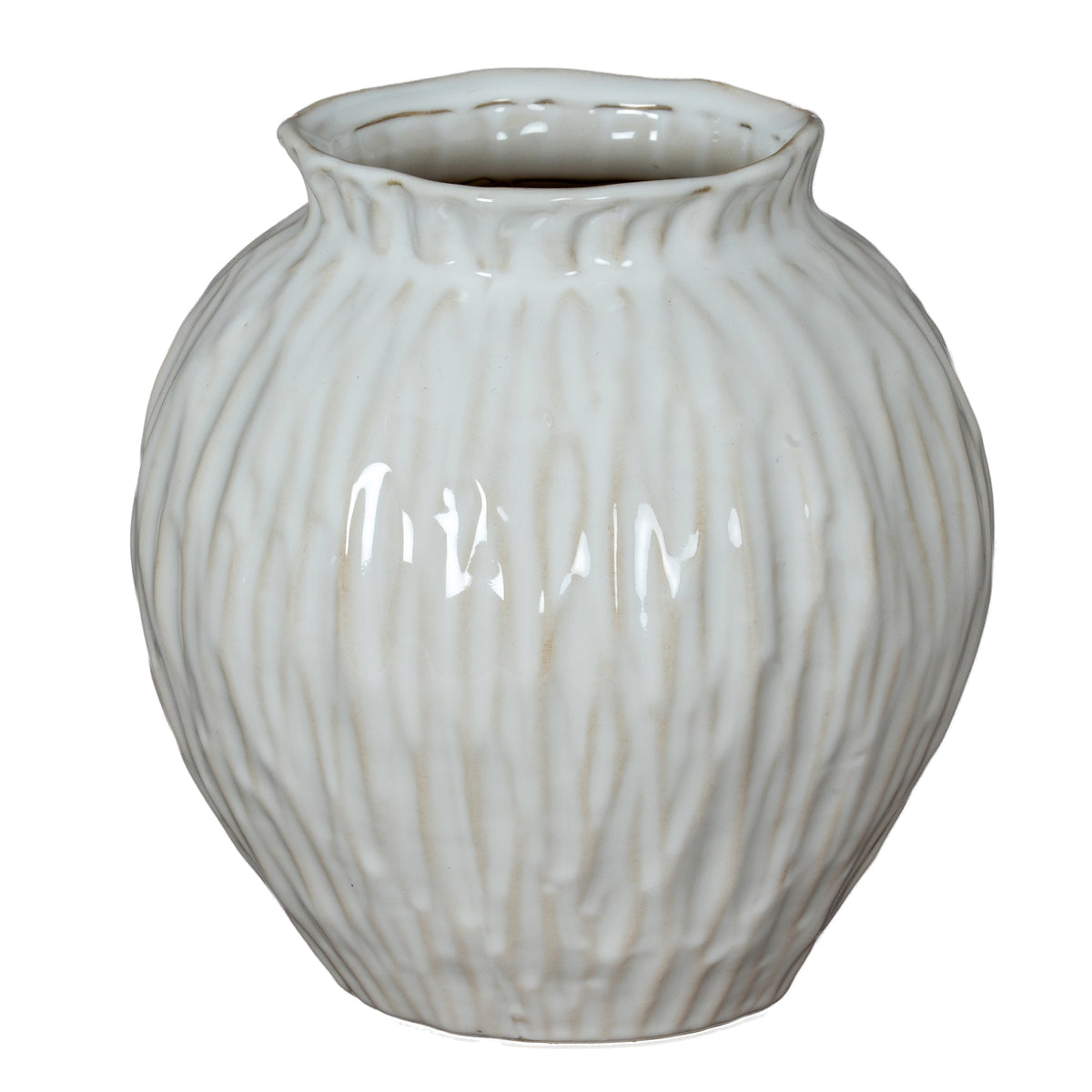 Rounded white vase with glossy vertical ribs, beige shading and a short neck against a white background.