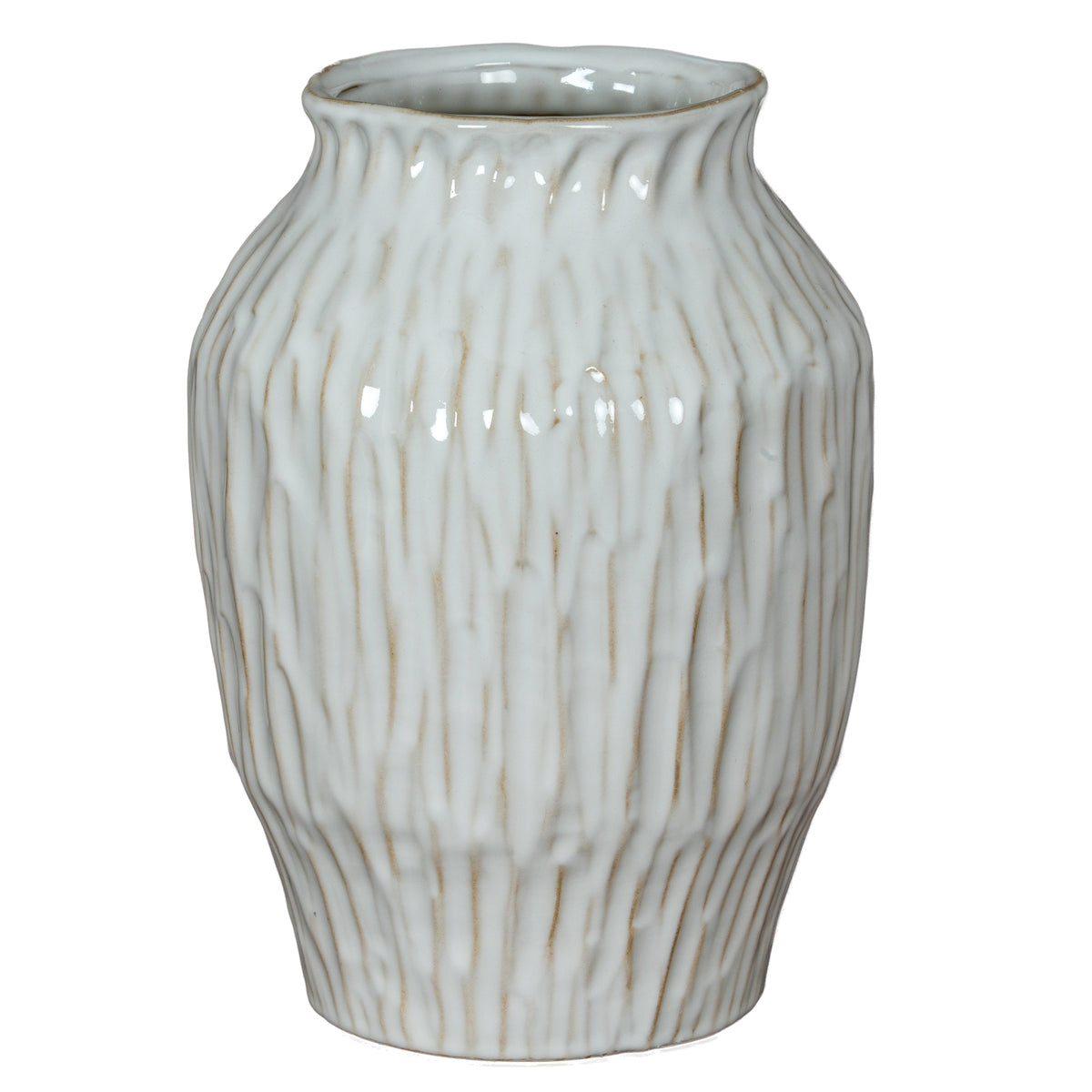 White vase on a plain background, with rounded shoulders, a flared rim and wavy vertical ribs traced with beige accents.
