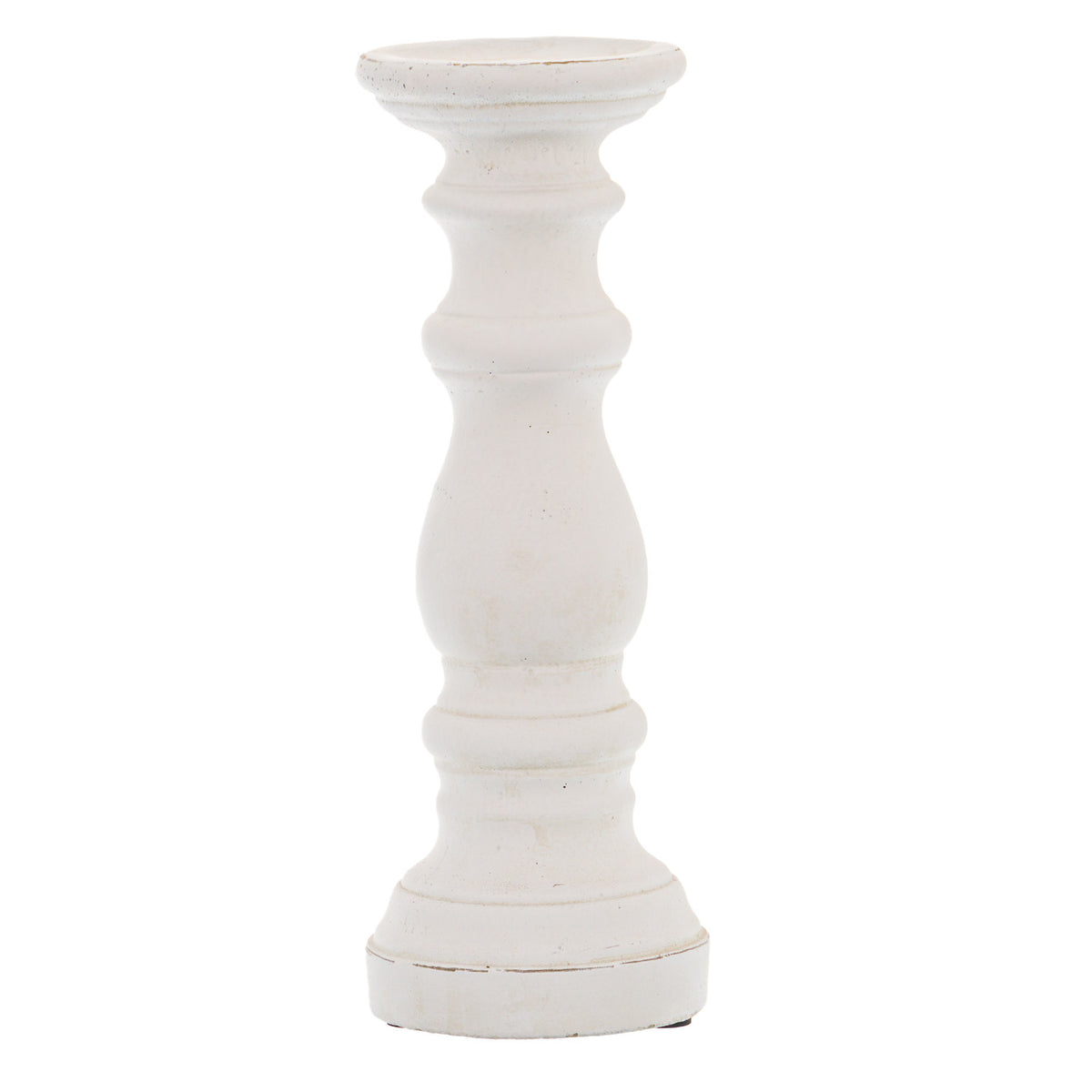 White candle holder with a shallow circular top, narrow waists, rounded bulges and a stepped round base against a white background.