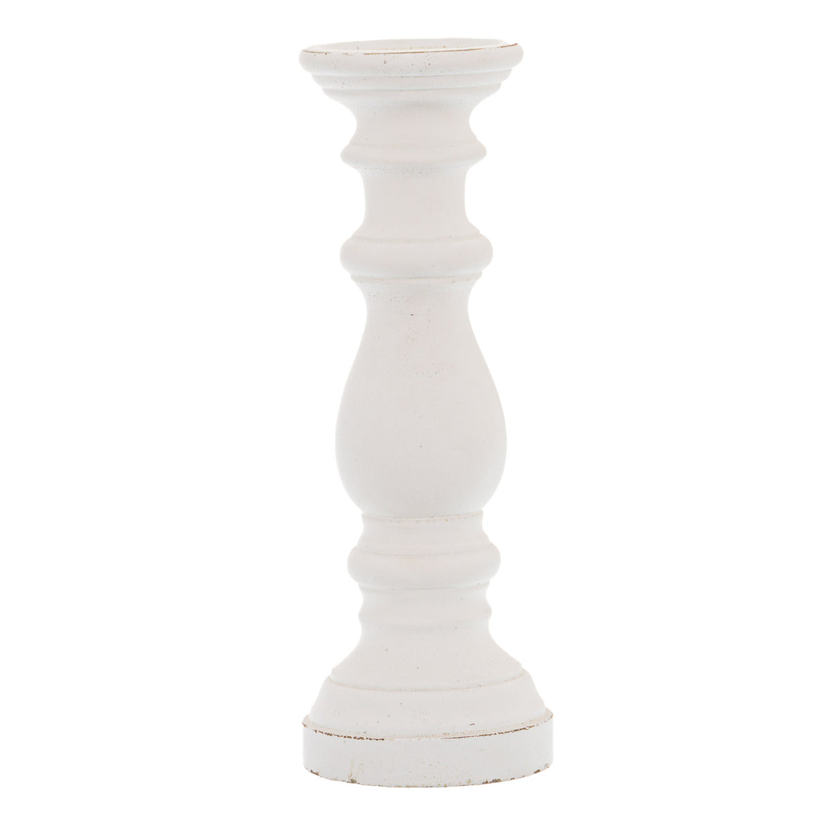 White candle holder with a shallow circular top, narrow waists, rounded central bulb and stepped round base on a white background.