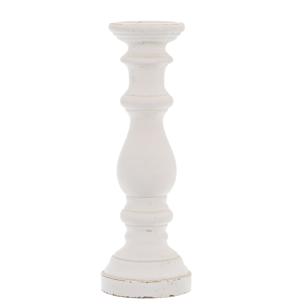 White candle holder with a shallow round top, narrow waist, elongated bulb and stepped circular base against a white background.