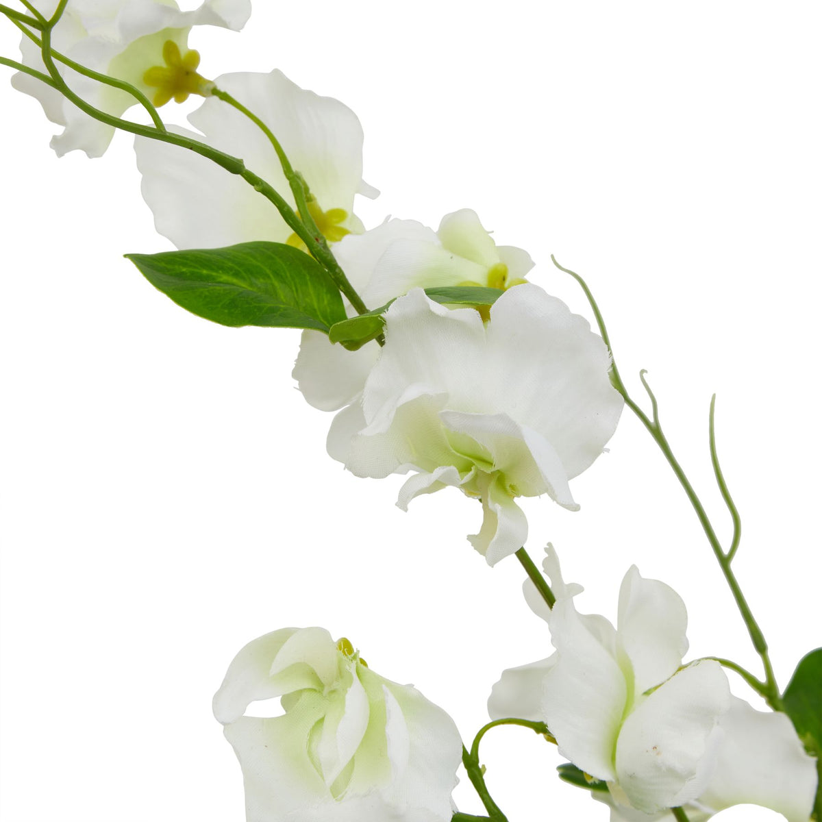Close-up of ruffled white flowers with pale yellow-green bases, a veined green leaf and thin curling tips on the artificial stem.