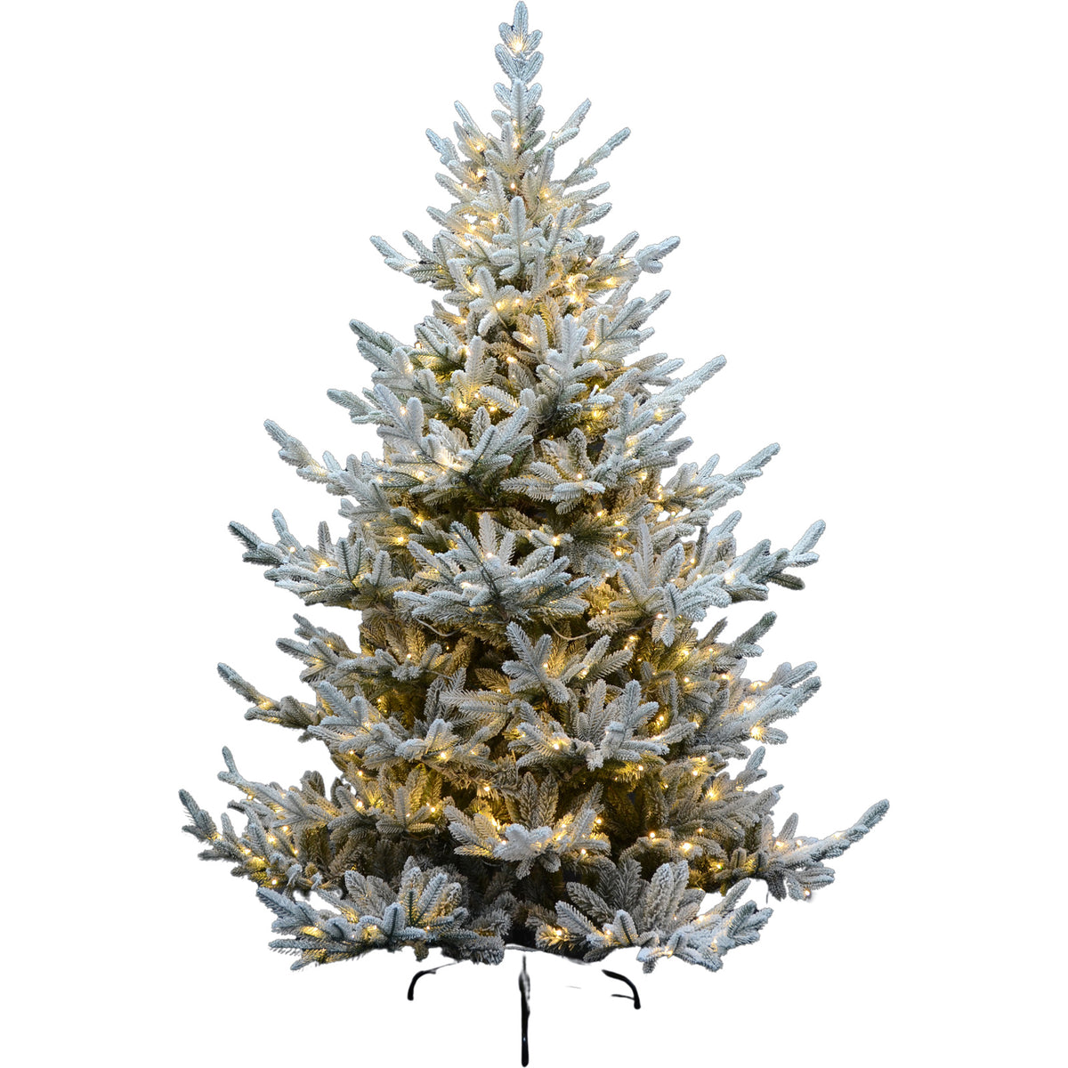 Tapered artificial tree against a white background, with white-coated needle-like branches, darker green inner foliage, glowing warm-yellow light points and partly visible dark stand feet.