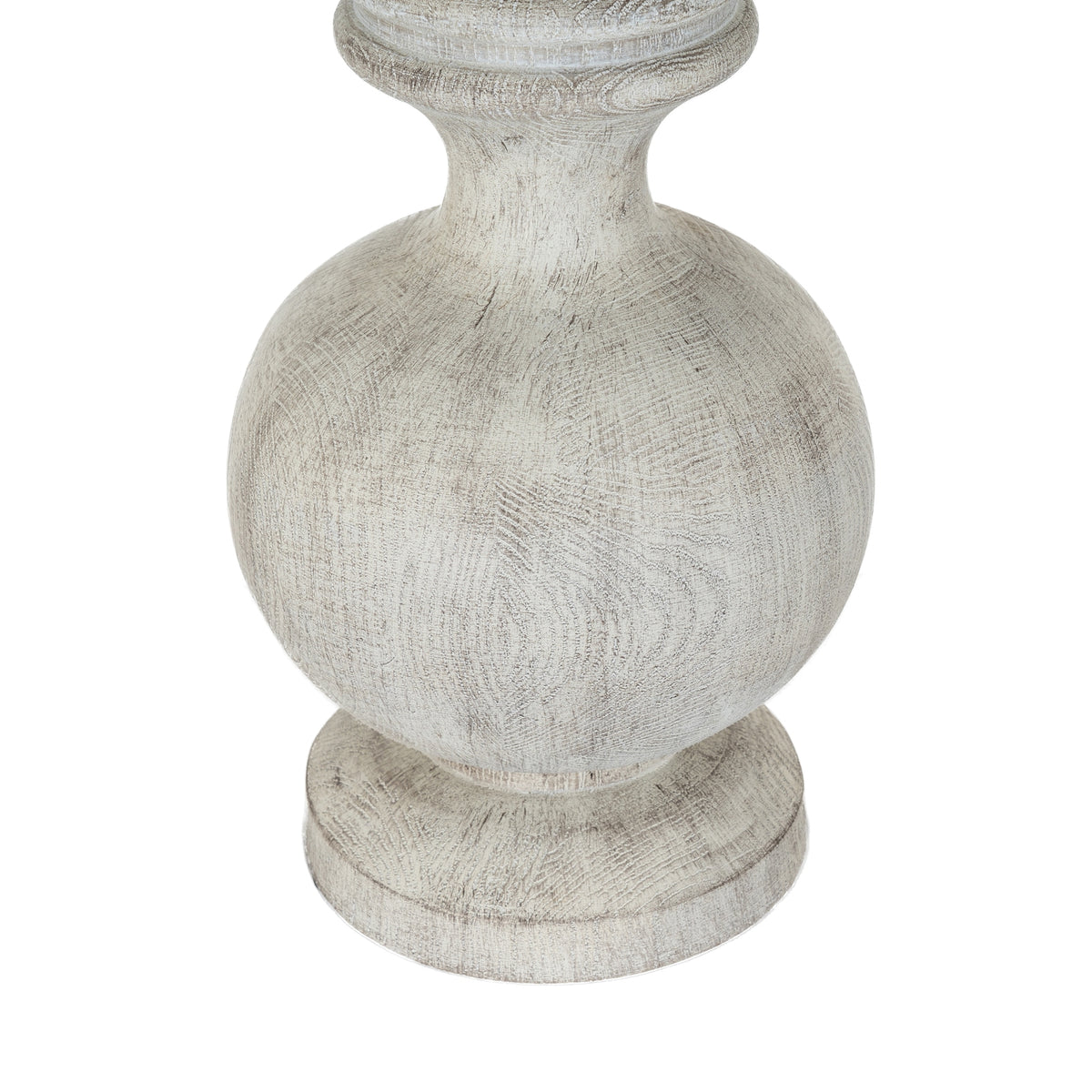 Close-up of the lamp's rounded body and round foot, showing grain-like markings beneath the white-grey washed finish