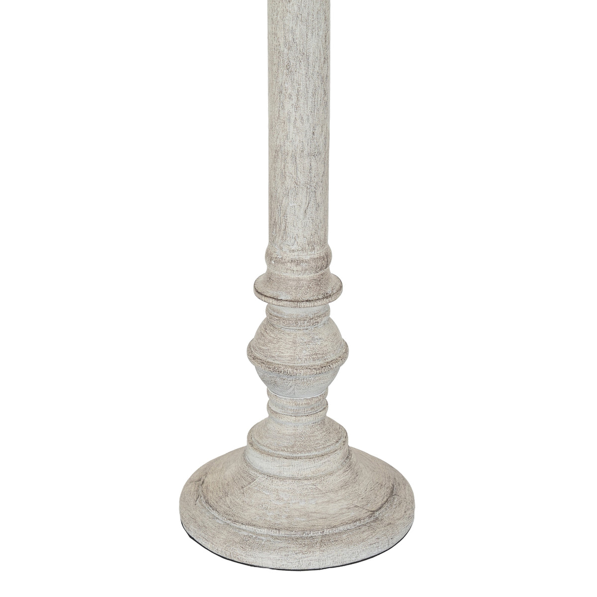 Close-up of the lamp's lower column and round foot, showing curved mouldings and the streaked white-grey washed finish.