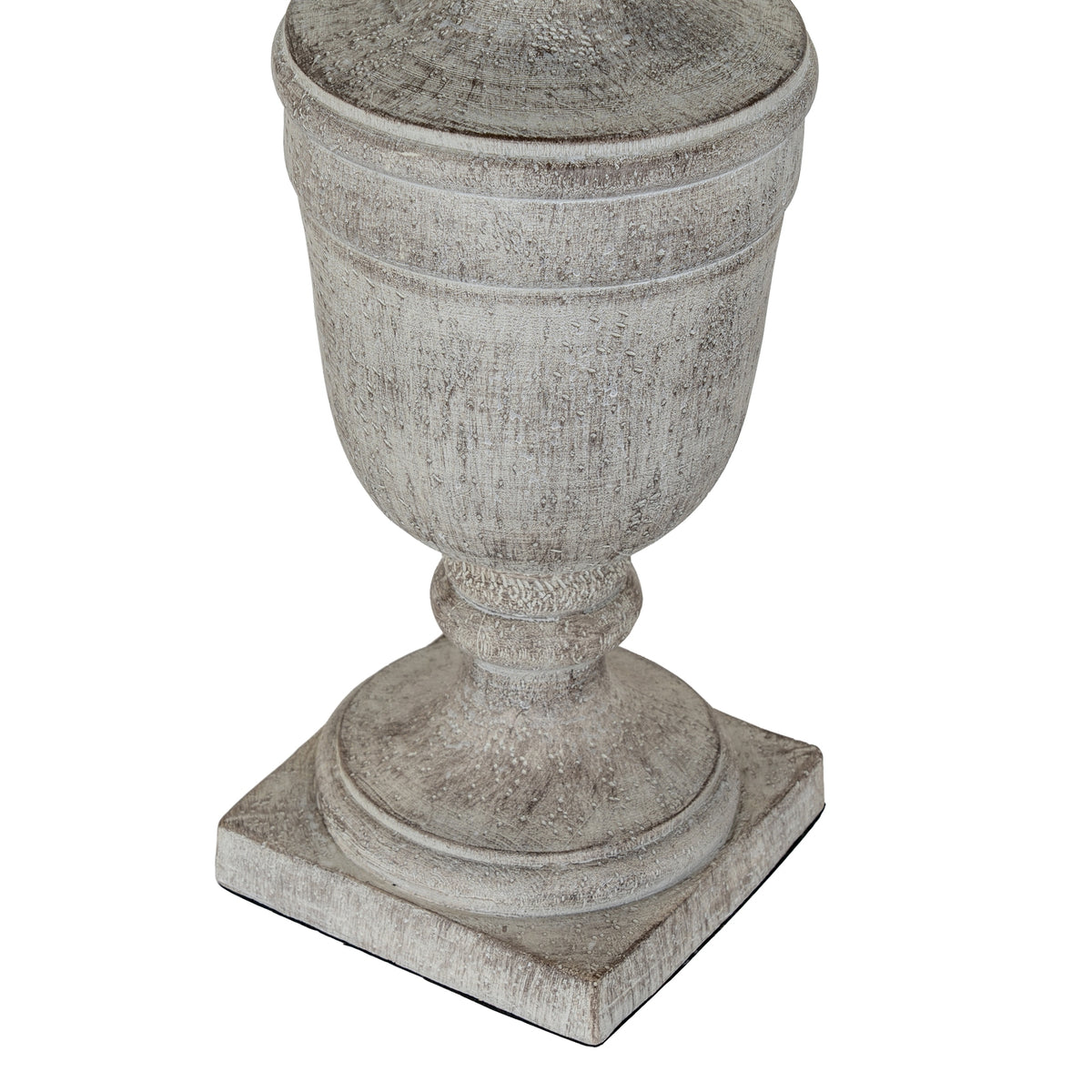 Close-up of the lamp's rounded lower body, moulded pedestal and square plinth, showing the textured white-grey washed finish.