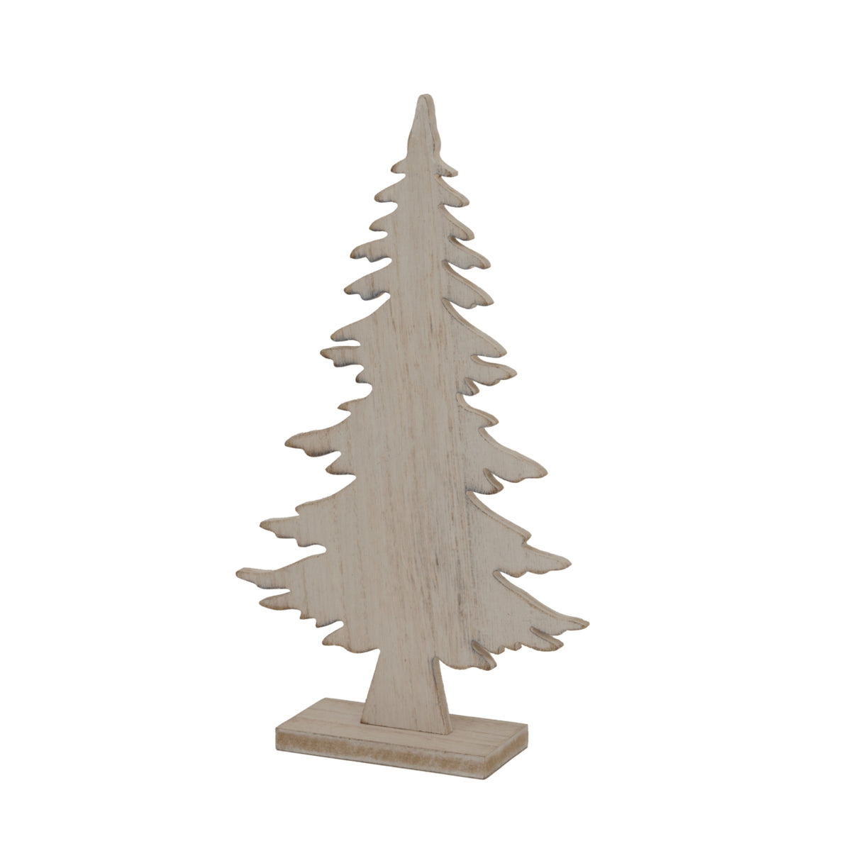 Pale whitewashed fir-tree ornament with uneven branch tips standing on a rectangular block base against a white background.