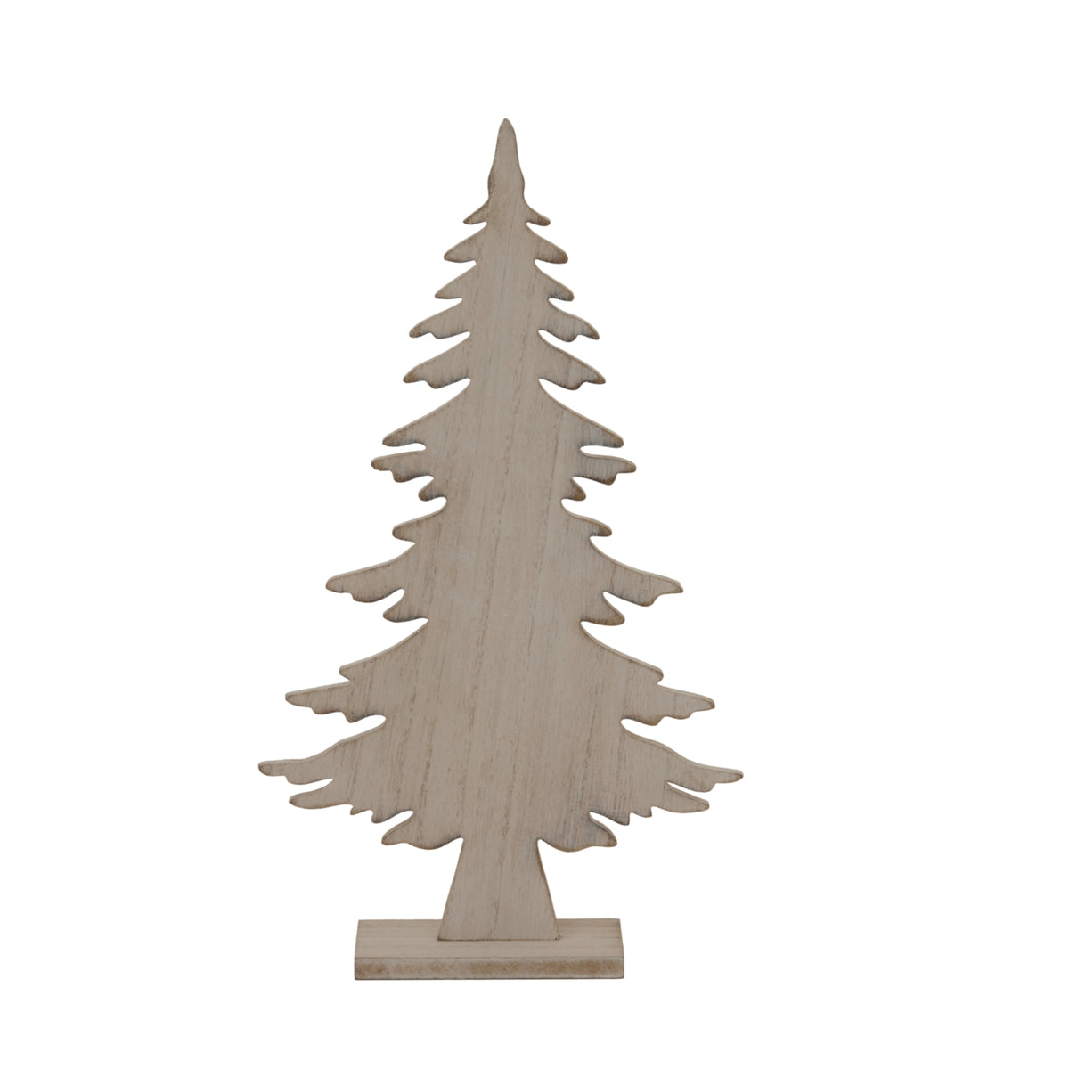 Front view of a pale whitewashed fir-tree ornament with irregular branch tips and a rectangular block base on a white background.