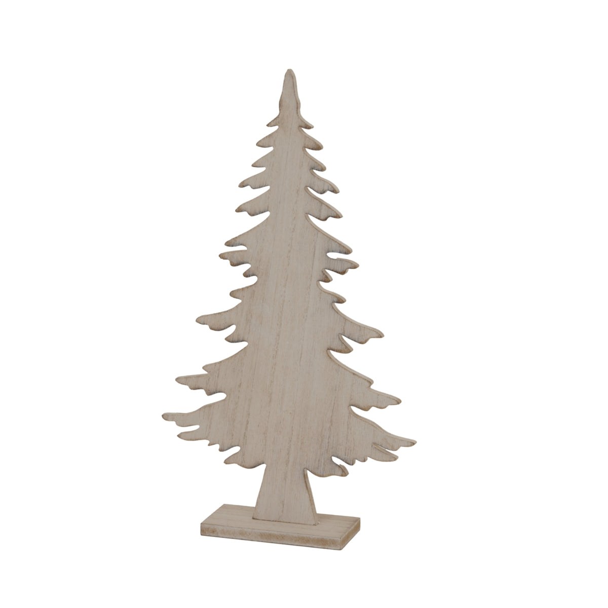 Angled view of the whitewashed fir-tree ornament showing its thin branching profile, vertical surface markings and rectangular base.