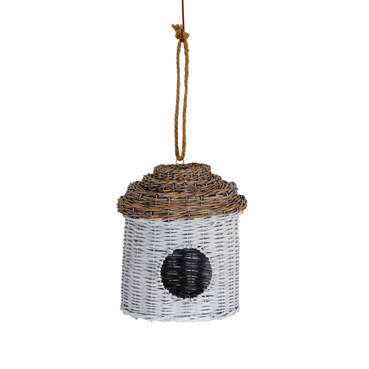Hanging bird feeder against a white background, with a whitewashed cylindrical woven body, circular front opening, brown stepped conical roof and tan cord attached to a small metal ring.