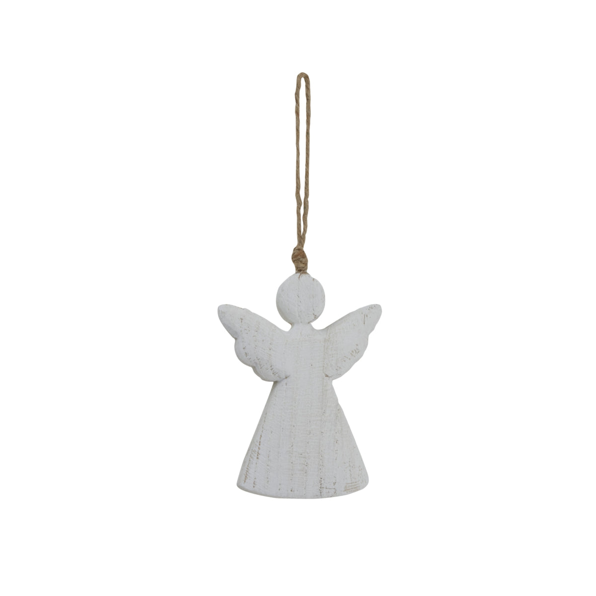 Whitewashed angel hanging from a long neutral cord loop, with a round head, raised scalloped wings and a flared body against a white background.
