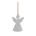 Whitewashed angel decoration viewed from the front, with a round head, raised scalloped wings, flared body and long neutral cord loop against a white background.