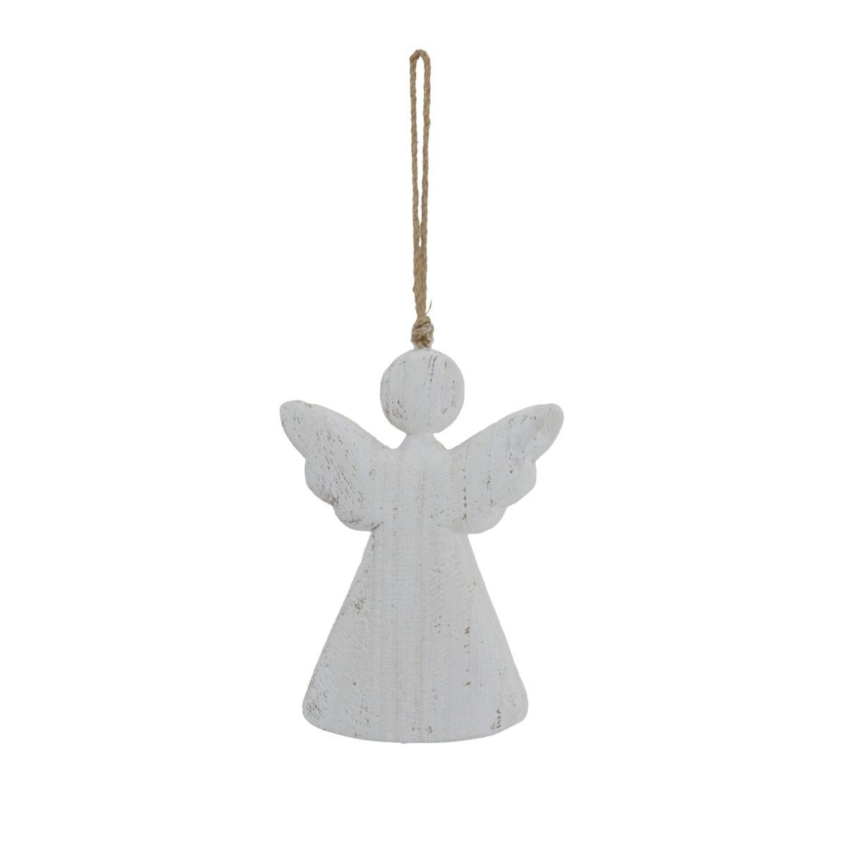 Whitewashed angel decoration viewed from the front, with a round head, raised scalloped wings, flared body and long neutral cord loop against a white background.