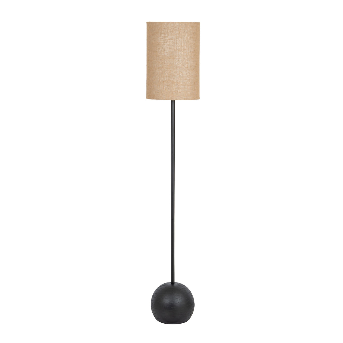 Whorl Base Floor Lamp on white, with a tall tan cylindrical shade, slender black pole and rounded black patterned base.