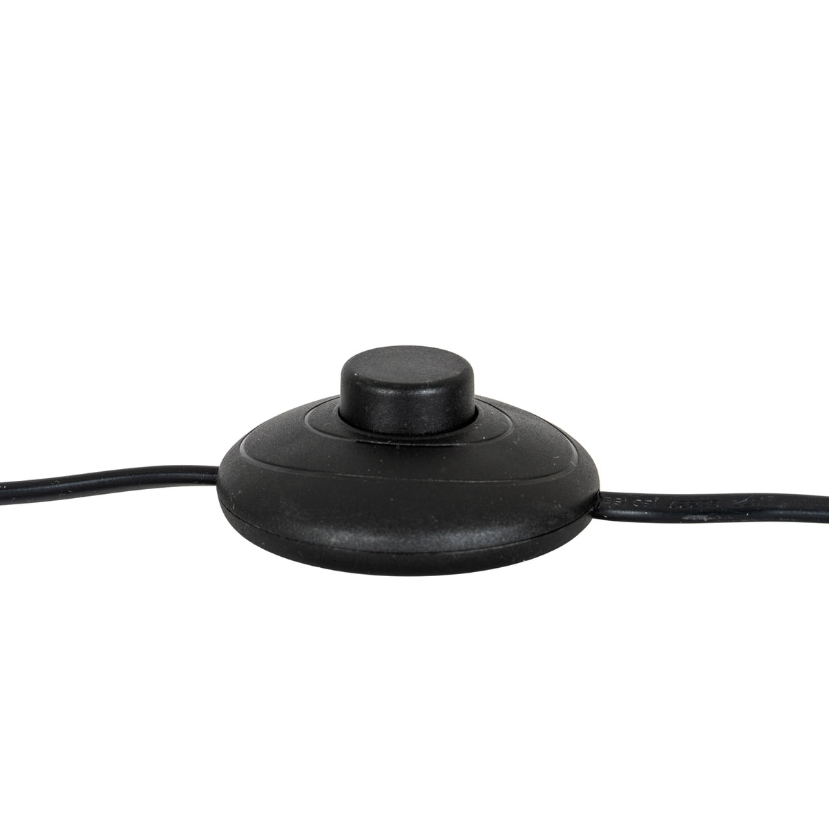 Round black foot switch with a raised central button and black cable extending from either side.